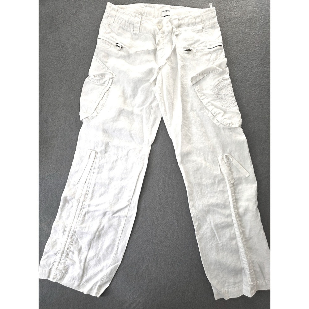 Desigual Womens White Linen Cargo Pants Embroidered Drawstring Size 38 US 6